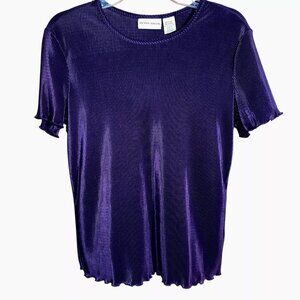 Jaclyn Smith Top Royal Purple Pleated Short Sleeve Pullover Silky Lettuce Hem M